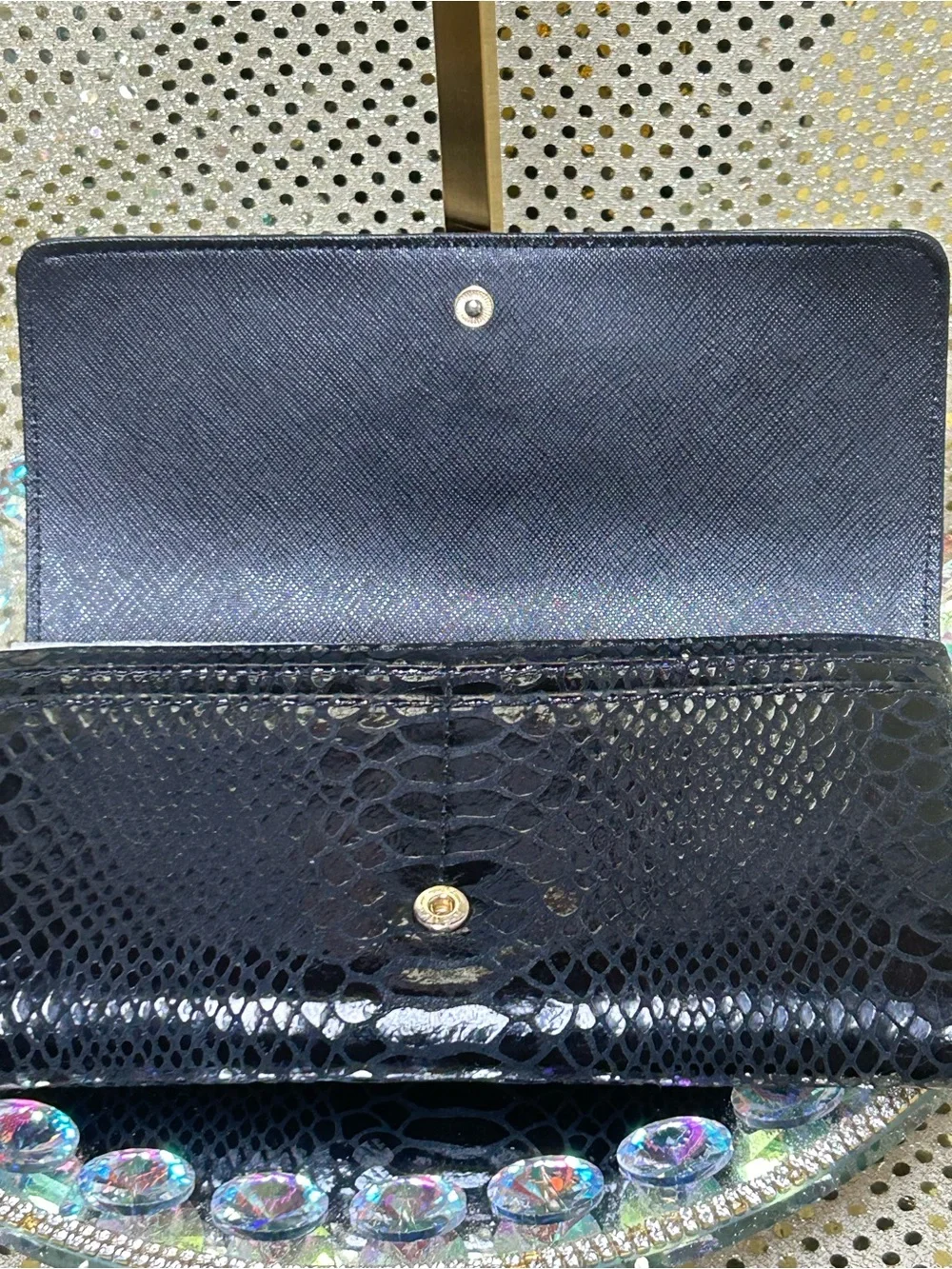Michael Kors Black Snake-Embossed Wallet with Gold MK Emblem Approx. 6 x 4